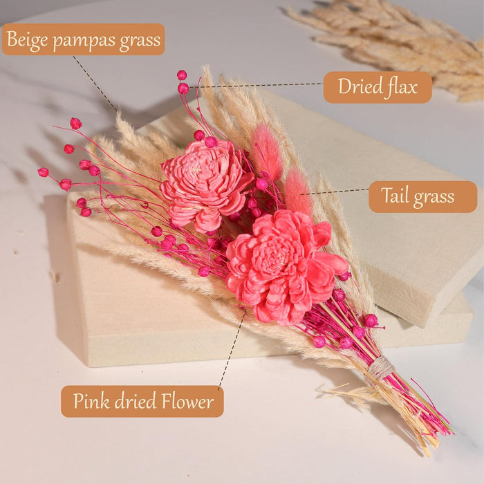 Dried Pampas Grass and Pink Artificial Flowers Bouquet Boho Dried Flower Arrangement, Natural Dry Floral Bouquet 30 cm