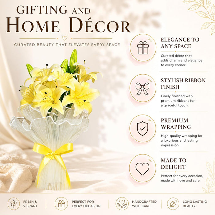 Art Street Artificial Yellow Lily Flower Bouquet with Decorative Wrapping | Realistic Fake Flowers