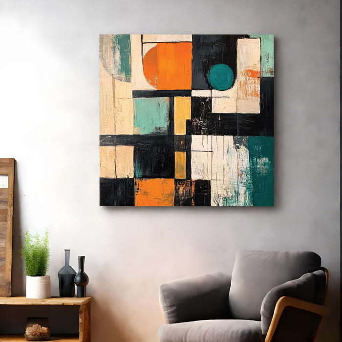 Modern Abstract Geometric Wall Art Painting For Living Room, Bold Orange, Teal & Black Shapes Stretched Canvas Wall Art Painting for Living Room, Office & Gallery Decor (56xx56 cm)