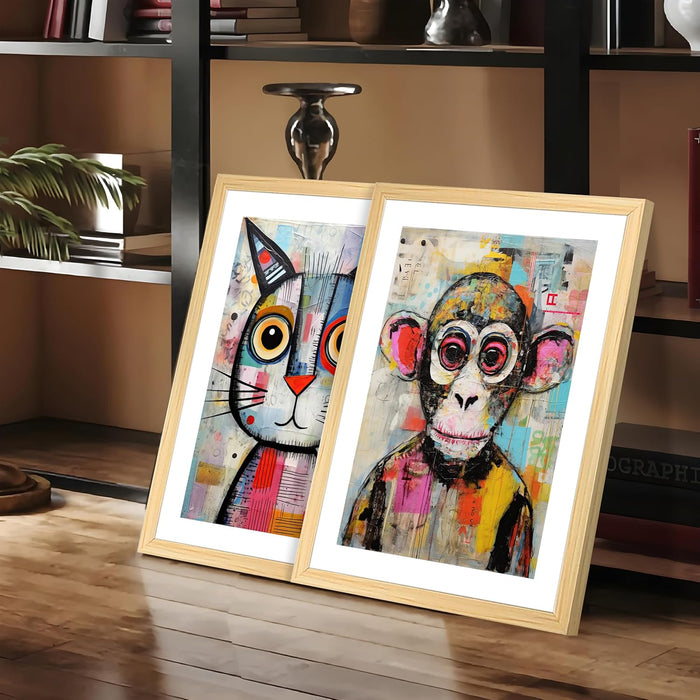 Modern Art Paint Brush Stroke Texture, Monkey and Cat Wall Painting, Set of 2 (Blue, 13x18 Inch)