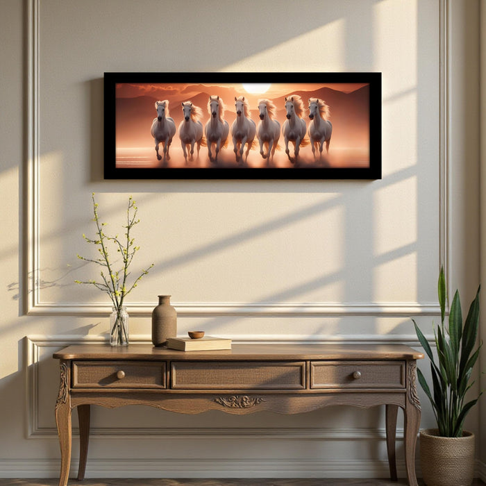 PAINTINGMANTRA Running Horse Vastu Modern Wall Art Framed Luxury Paintings for Home Decoration, Living room, Bedroom and Office Decoration (99x38 CM)