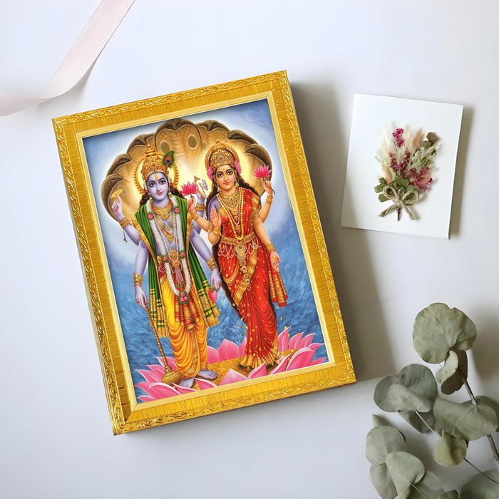 Divine Sri Radha and Krishna Purple Religious Golden Photo Frame Stand able and Wall Hanging (15x20 cm)