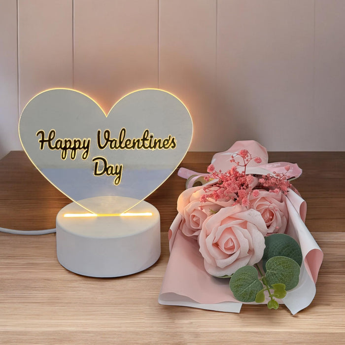 Happy Valentine Day Table Lamp Gift Combo Pack for Wife, Husband, Couples, with Pink Roses, Showpiece for Her, Girlfriend, Boyfriend