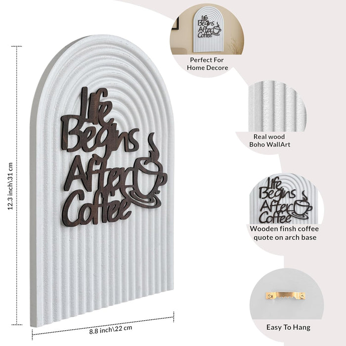 Art Street Wooden Boho Wall Art with Quote Real Wood Arched Base with Brown MDF Cutout Life Begins After Coffee Boho Bedroom & Living Room Décor 22x31 cm