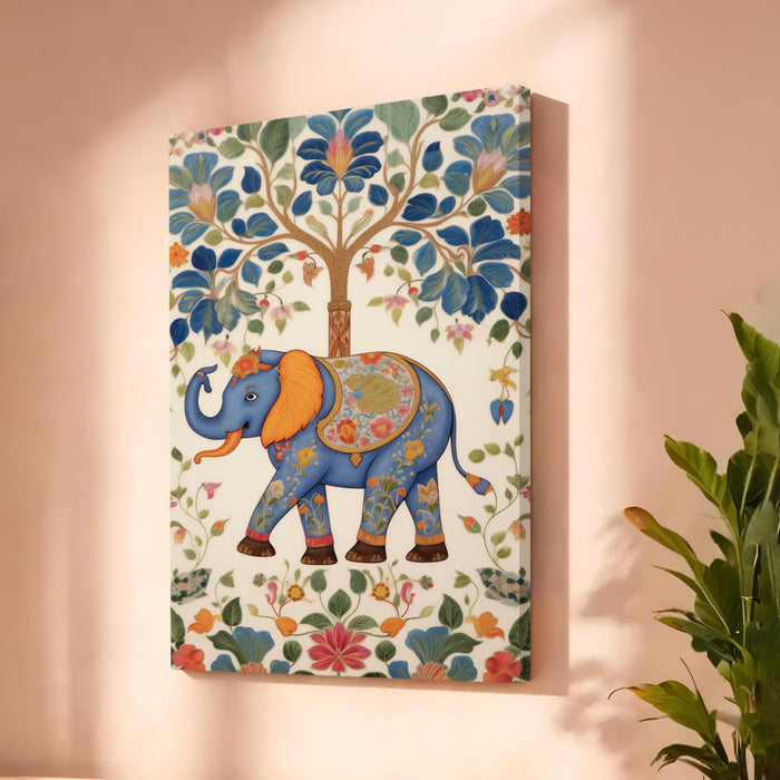Elephant Tree of Life Stretched Canvas Painting For Living Room | Madhubani Animal Stretched Canvas Wall Art For Livingroom Home Decor, Bedroom, Hallway's, Office, Hotel - 56x86 cm
