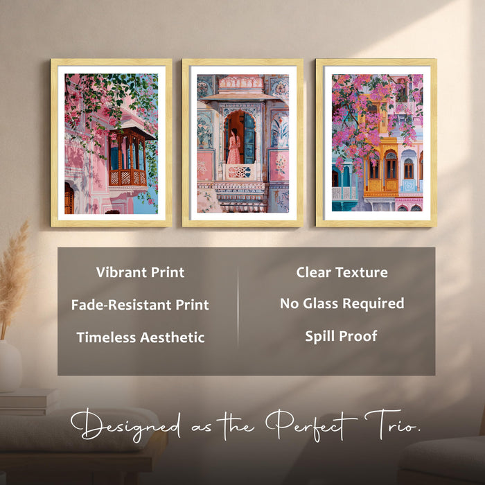 Abstract Indian Traditional A3 Framed Poster for Living Room With Frame, Women's Day Gift Abstract Architecture Framed Posters for Home Decor Bedroom Hallways Office Hotel Set of 3, Size 33x45 cm