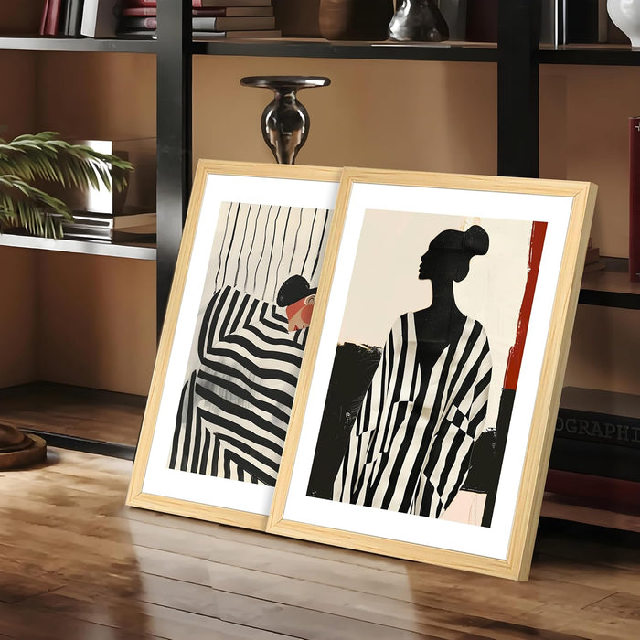 Modern Art Boho Woman in Stripes Abstract, Set of 2 (Black, 13x18 Inch), Wall Paintings