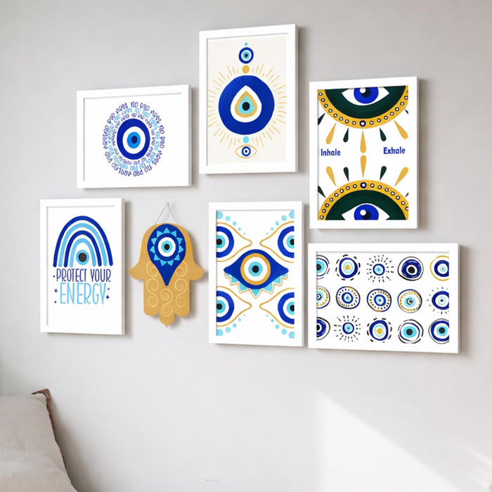 Evil Eye Framed Wall Art Set of 7 (1 MDF wall Hanging) – Spiritual Protection & Nazar Symbol Prints | Modern Boho Wall Decor Framed Painting for Home & Office, 9x13 Inch