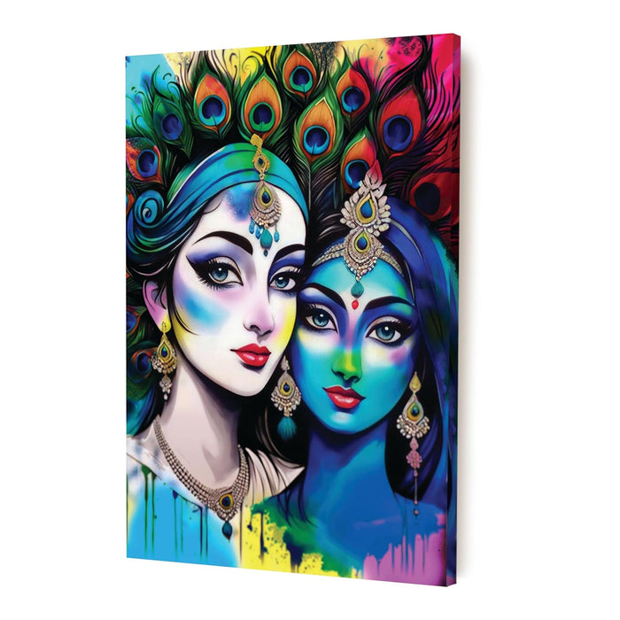 Stretched Canvas Divinity Love of Radha Krishna Rangoli Paintings For Home Decoration, (Size: 16x22 Inch)