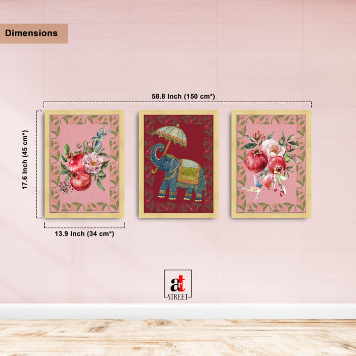 Indian Traditional Art Print Set of 3 with Pichwai Elephant Wall Art, Kalamkari Style Floral Decor, Pomegranate Bird Artwork, Ethnic Home Wall Decoration, Indian Folk Painting 30x42 cm