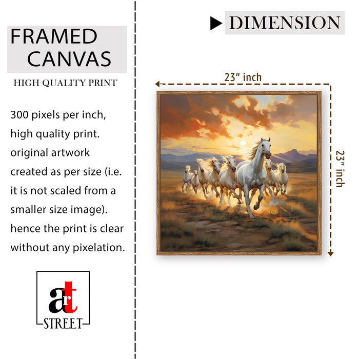 Vastu 7 Running Horses Framed Painting For Living Room | Feng Shui White Horse Large Canvas Painting With Frame Wall Art For Bedroom, Hallway's, Office, Hotel, Size 58x58 cm