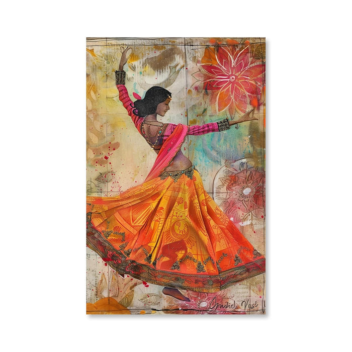 Large Stretched Canvas Painting, Panel Wall Art Print Lady Kathak Dance Framed Luxury Paintings for Home Décor (Orange, 22x34 Inch)