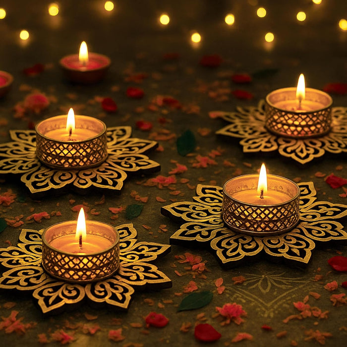 Decorative Diwali Tealight Diya Holders for Home Decoration, Dipawali Décor Items, Diwali Temple Decoration - MDF Wood Tea Light Candle Holder Stand Flower-shaped stands –11x11 cm