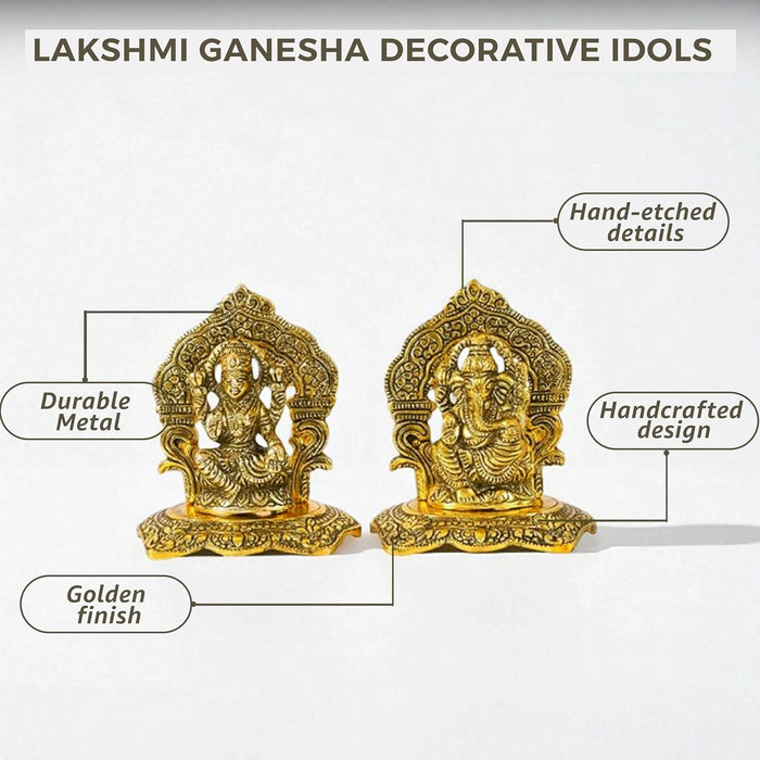 Metal Lakshmi and Ganesha Idols Set for Pooja Room Traditional Brass Finished Idol, Deepawali Decoration for Home, Lakshmi Ganesh Brass Finished Idol for Temple 12x13 cm