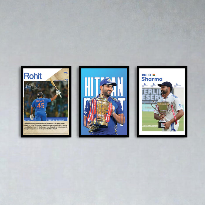 Rohit Sharma Framed Wall Poster | Hitman Indian Cricket Legend | Premium Sports Wall Art for Home & Office Decor (13.9 Inch x 17.6 Inch, Set of 3)