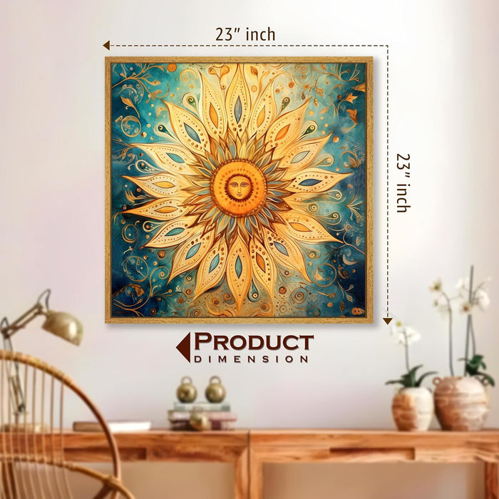 Multicolor Abstract Canvas Framed Painting Wall Art - Mustard Teal Beige Folk Art Sun Abstract Canvas Wall Décor Painting (58x58 cm)