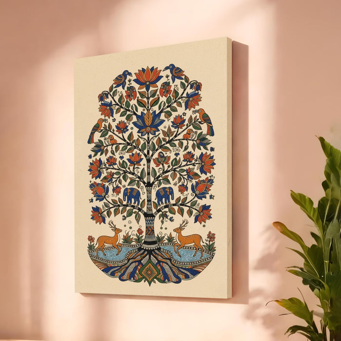 Madhubani Tree of Life Stretched Canvas Painting For Living Room | Indian Folk Nature Stretched Canvas Wall Art For Livingroom Home Decor, Bedroom, Hallway's, Office, Hotel - 56x86 cm