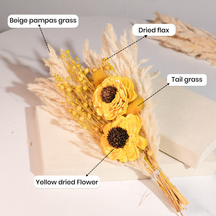 Art Street White Ceramic Decorative Vase with Pampas Grass & Yellow Wood Flowers | Minimalist Table Decor | Aesthetic Home Decoration for Living Room, Bedroom, Entryway | Dried Flower Arrangement Set