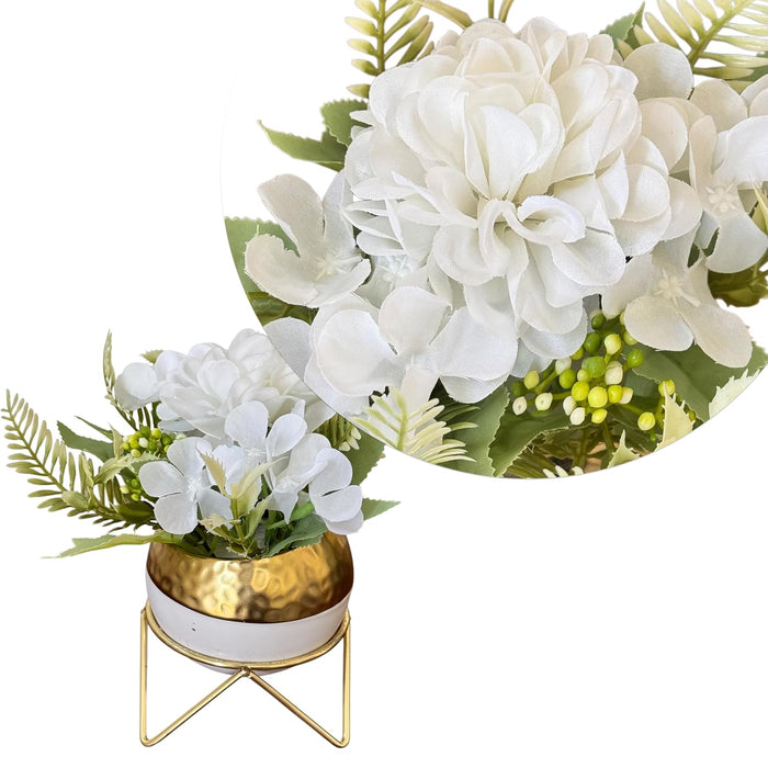 Ceramic Potted Vase Artificial White Hydrangea with Metal Stand & Pot for Table Top (White, Size: 3.5x7 Inch)