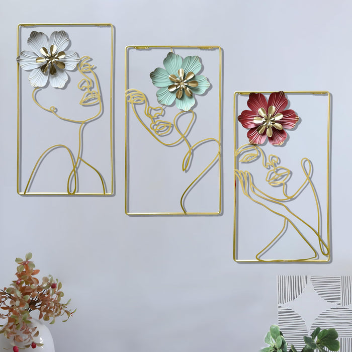 Modern Luxury Metal Wall Art Hanging Décor, Flower With Woomen Face Line Ornaments, Wall Sculpture with Frame for Home Decor (Size: 10x18 Inch)