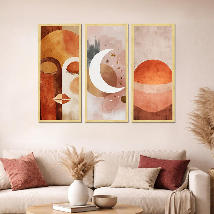 Abstract Face & Celestial Framed Wall Art Set of 3 | Modern Boho Art Prints with Engineered Wood Frame | Wall Décor for Living Room, Bedroom & Office, 8.9x18.9 Inch