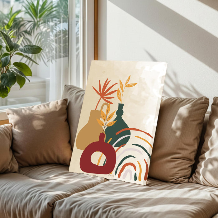 Abstract Vase and Plats Stretched Canvas Wall Art Modern Boho Illustration Painting for Home & Office Wall Decor, (16x22 Inch)