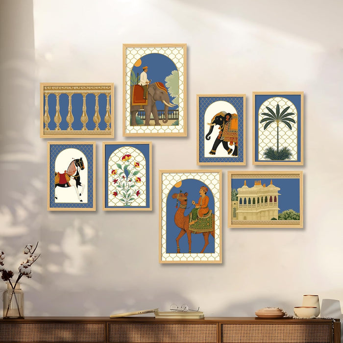 Mughal Animal traditional Indian Art Wall Art Print Paintings, Set of 8 | Digital Framed Painting | 30x42, 21x30 cm