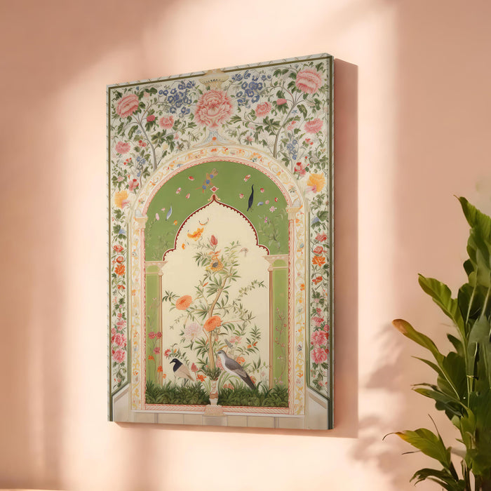 Mughal Floral Stretched Canvas Painting For Living Room | Madhubani Garden Stretched Canvas Wall Art For Livingroom Home Decor, Bedroom, Hallway's, Office, Hotel - 56x86 cm