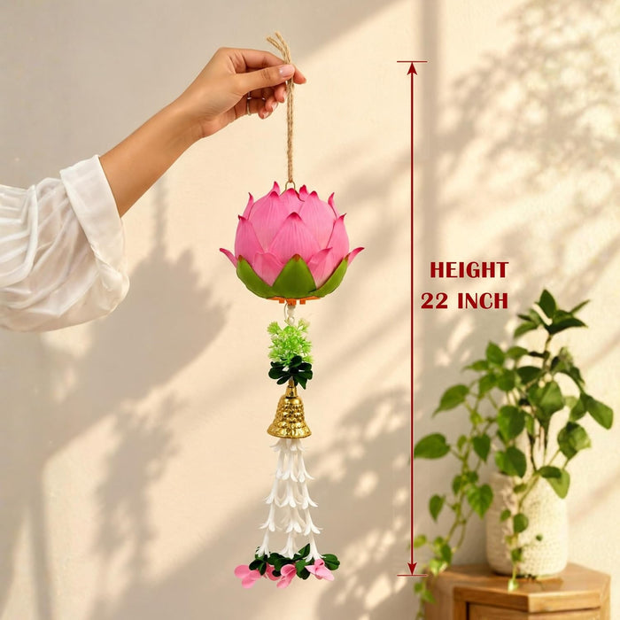 Pink Lotus LED Hanging Lantern Light for Diwali Decoration, Festive Home Decor, Mandir, Puja Room & Traditional Indian Festival Decoration