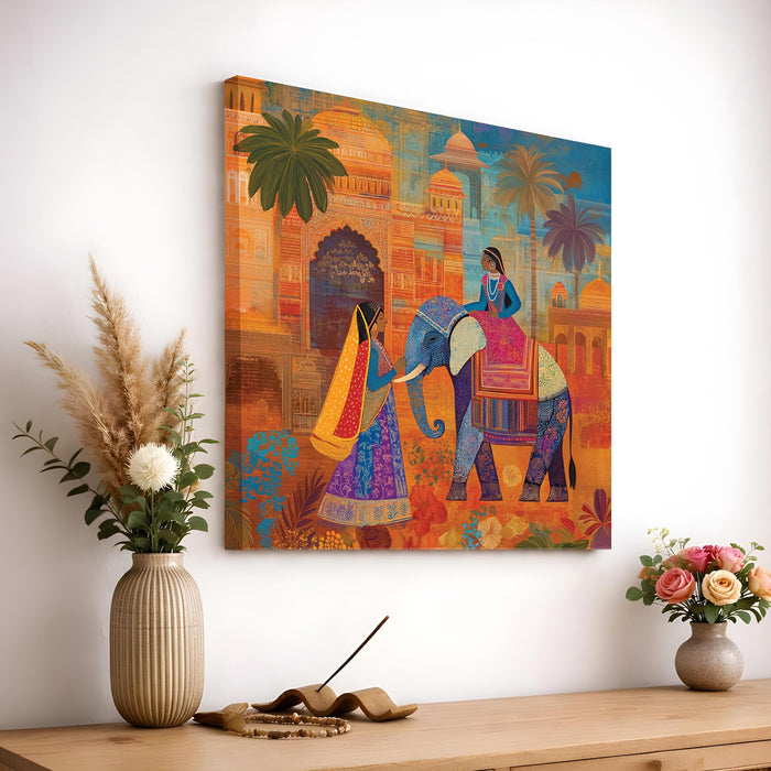 Indian Ethnic Elephant Stretched Canvas Painting For Living Room | Rajasthani Miniature Wall Art Large Canvas Painting For Livingroom Home Decor, Bedroom, Hallway's, Office, Hotel - 86x86 cm