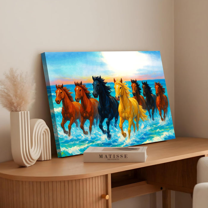 Seven Running Horses Wall Art Vastu Feng Shui Multicolor | Canvas Painting Stretched on Wood | Suits For Vastu-Friendly Place (16x22 Inch)