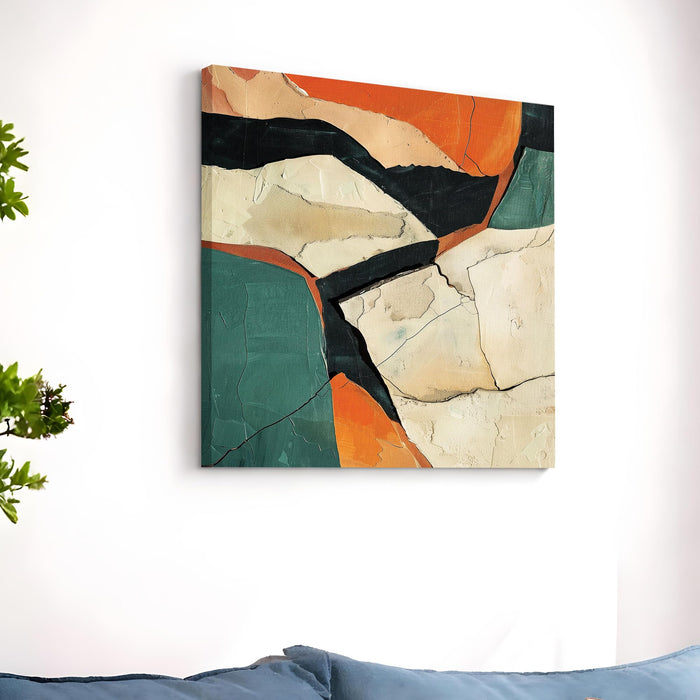 Abstract Modern Geometric Stretched Canvas Wall Art Painting for Living Room, Textured Earthy Poster, Minimalist Overlapping Shapes in Burnt Orange & Teal for Office Decor (56xx56 cm)