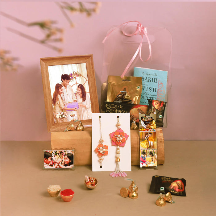 Rakshabandhan Chocolate Gift Hamper for Brother and Bhabhi, Photo Frame and Greeting Card 2 Rakhi with Chawal and Roli Gift Set for Celebrate Raksha Bandhan