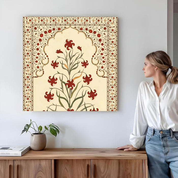 Traditional Indian Mughal Art Stretched Wall Painting for Living Room, Floral Jharokha Design with Crimson Blossoms, Ethnic Decor for Living Room, Office & Home Decor (56xx56 cm)