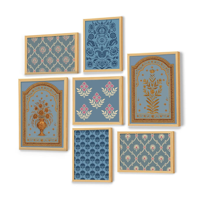 Floral traditional Indian Art Wall Art Print Paintings, set of 7 | Digital Framed Painting 30x42, 21x30, 30x30 cm