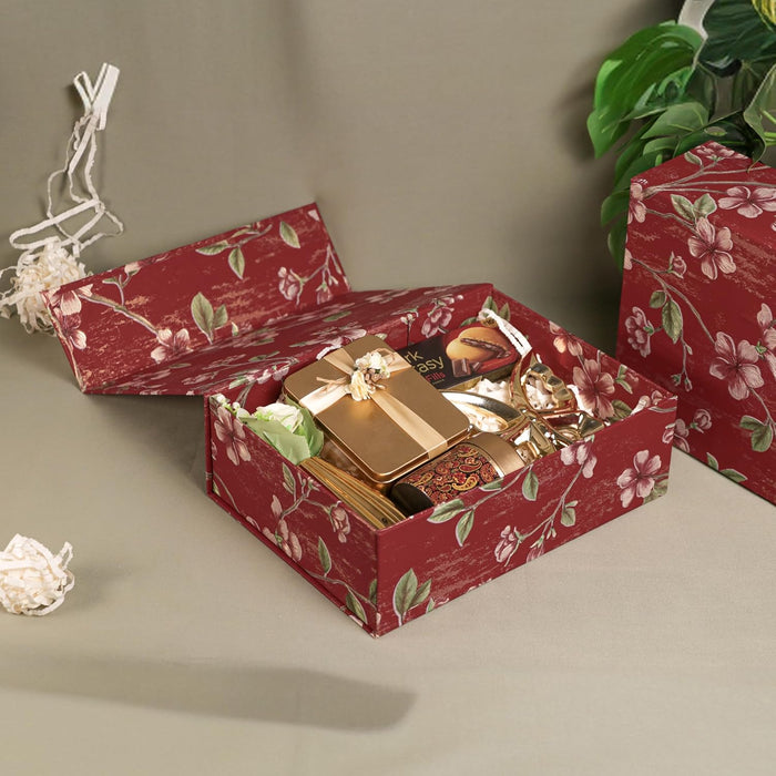 Foldable Cardboard Flowers Printed Hamper Gift Box Set of 2, Multipurpose Gift Hamper Box For Special Occasions, Wedding Gift Packaging (Red, 9x12 inch)