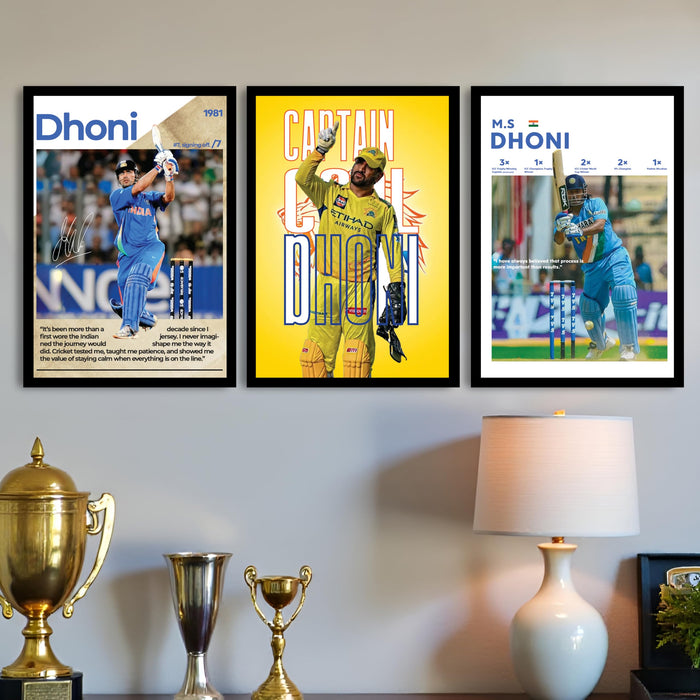 MS Dhoni Framed Wall Poster | Captain Cool Indian Cricket Legend | Premium Wall Art for Home, Office & Sports Room For Home Decor (13.9 Inch x 17.6 Inch, Set of 3