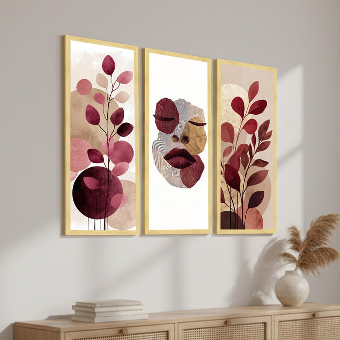 Abstract Botanical & Face Framed Wall Art Set of 3 | Modern Boho Wall Décor | Engineered Wood Frame Prints for Living Room, Bedroom & Office, 8.9x18.9 Inch