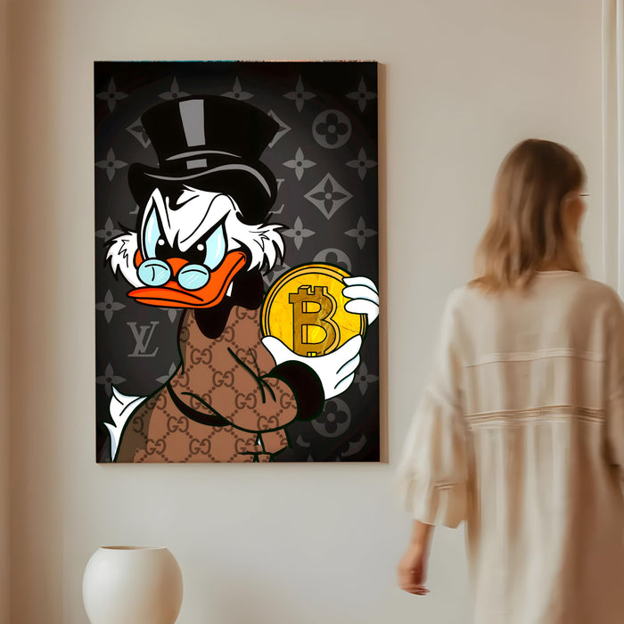 Luxury Money Duck Pop Art Stretched Canvas Painting Print| Cartoon Style Crypto Wealth Wall Art | Modern Graffiti Artwork for Home & Office Décor, 56x86 cm