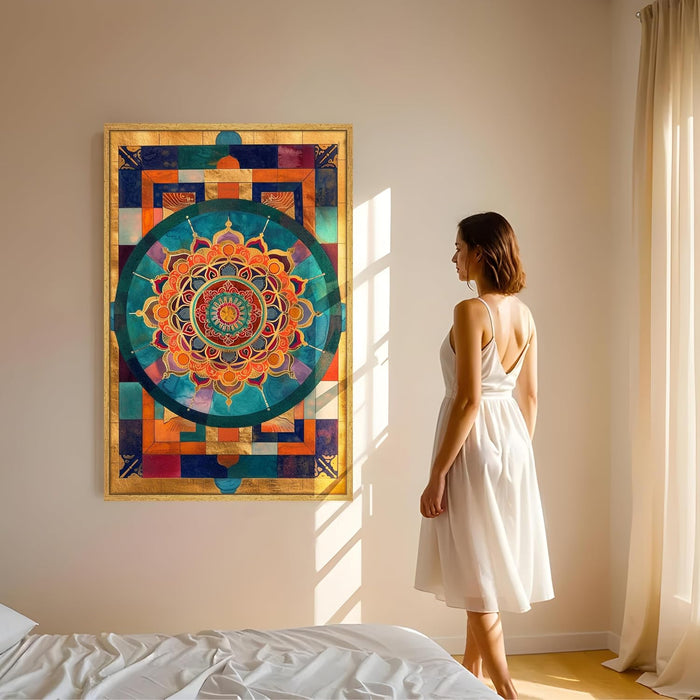 Abstract Multicolor Geometric Mandala Painting with Frame, Framed Canvas Paintings Stretched Canvas Wall Art 22x34 Inch