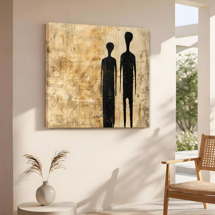 Abstract Minimalist Figures Stretched Canvas Wall Art Painting for Living Room, Modern Giacometti Style Silhouette Painting, Textured Earth Tones in Beige & Black for Office (56xx56 cm)