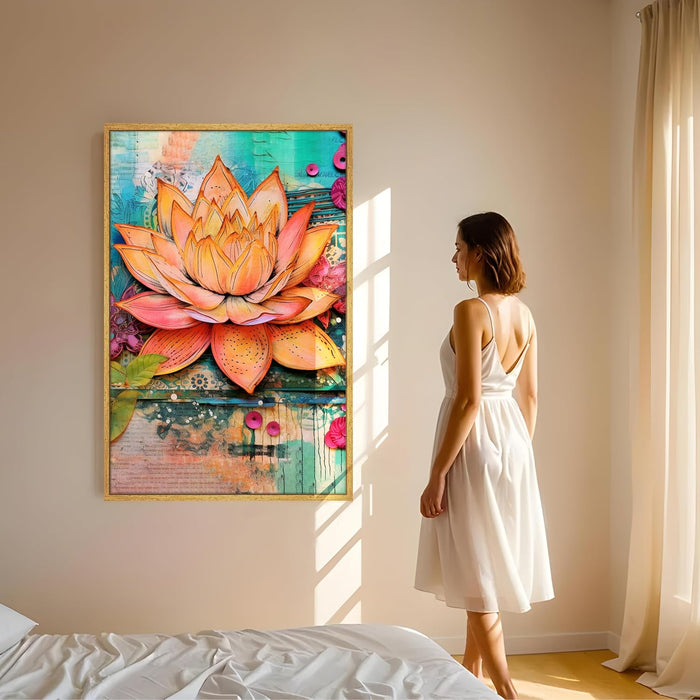Abstract Multicolor Digital Art of Lotus Flower Stretched Canvas Painting with Frame – Wall Art – Framed Canvas Wall Décor (23x35 Inch)