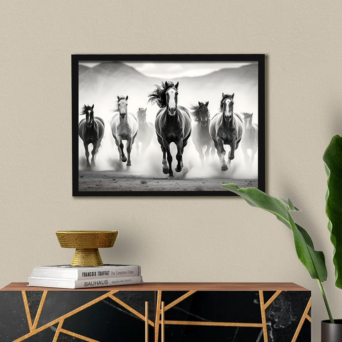 Abstract Wall Art Eight Running Horses Vastu Feng Shui Multicolor | Digital Painting Framed with Engineered Wood Frame (17x23 Inch)