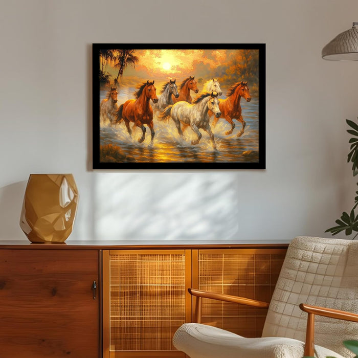 Seven Running Horses Wall Art Vastu Feng Shui Multicolor | Canvas Painting Stretched on Wood | Suits For Vastu-Friendly Place (16x22 Inch)