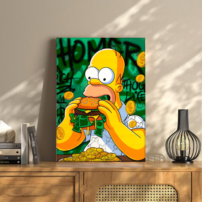 Funny Money Burger Pop Art Stretched Canvas Painting Print| Cartoon Style Graffiti Wall Art | Modern Humorous Artwork for Home, Café & Office Décor, 41x56 cm