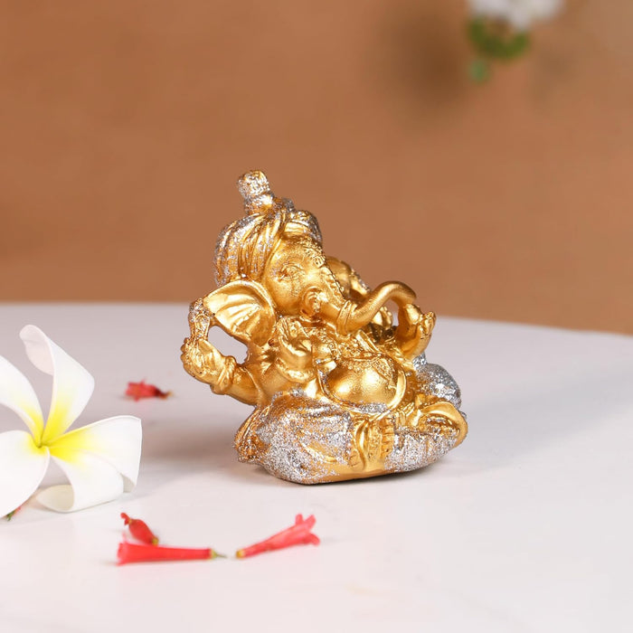 Ganesh Ji Idol for Car Dashboard Home Pooja Golden Ganesha Murti for Gift Mandir Altars Ganesh Ji Idols for Car Golden Sparkling Lord Ganesha Statue for Home Resin Idol Height - 8 cm