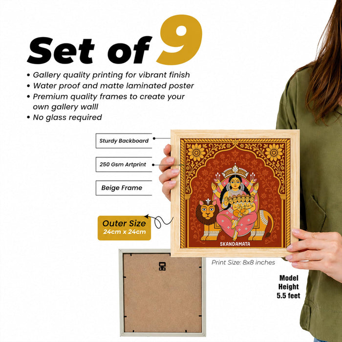 Nine Forms of Nav Durga Wall Art Painting Set of 9 with Frames 9x9 Inch, Hindu Goddess Navratri Decorative Wall Paintings & Showpiece, Spiritual Religious Wall Decor for Living Room, Pooja Room