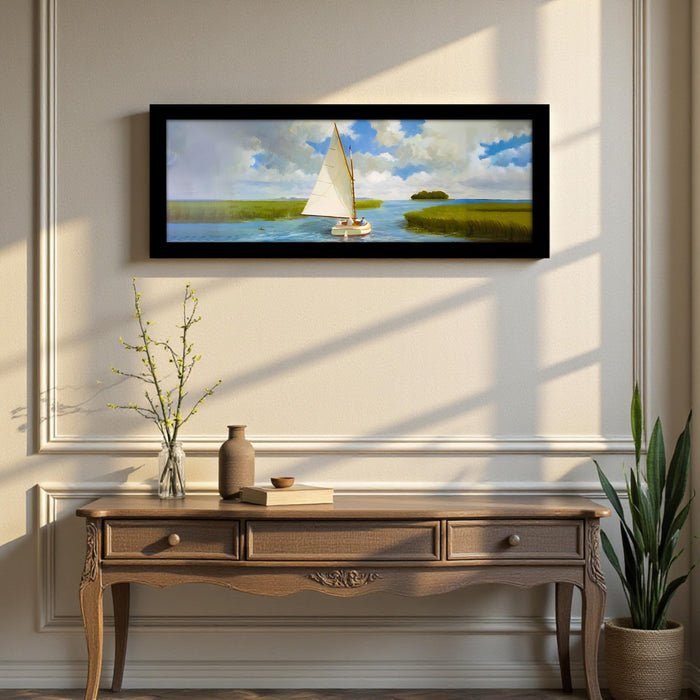Swamp Area with Sailboat Landscape Wall Art Framed Luxury Paintings for Home Decoration, Living room, Bedroom and Office Decoration (99x38 CM)