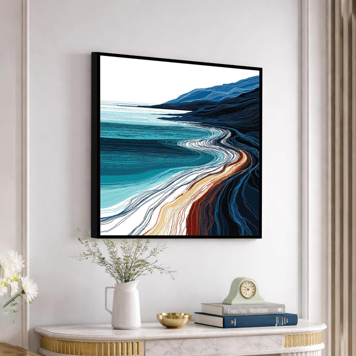 Abstract Ocean Coastline Framed Painting For Living Room | Modern Coastal Seascape Large Canvas Painting With Frame Wall Art For Bedroom, Hallway's, Office, Hotel, Size 58x58 cm