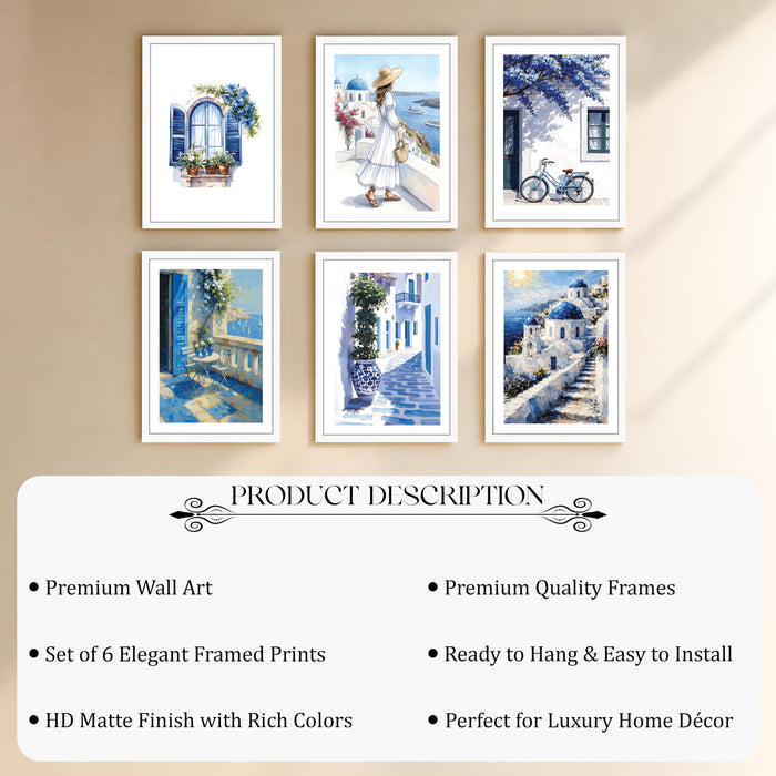 Mediterranean Village Scenery Wall Art Painting for Living Room, Blue & White Coastal Aesthetic Wooden Framed Wall Art Print for Bedroom, Office & Home Decor (Set of 6, 13x9 inch)